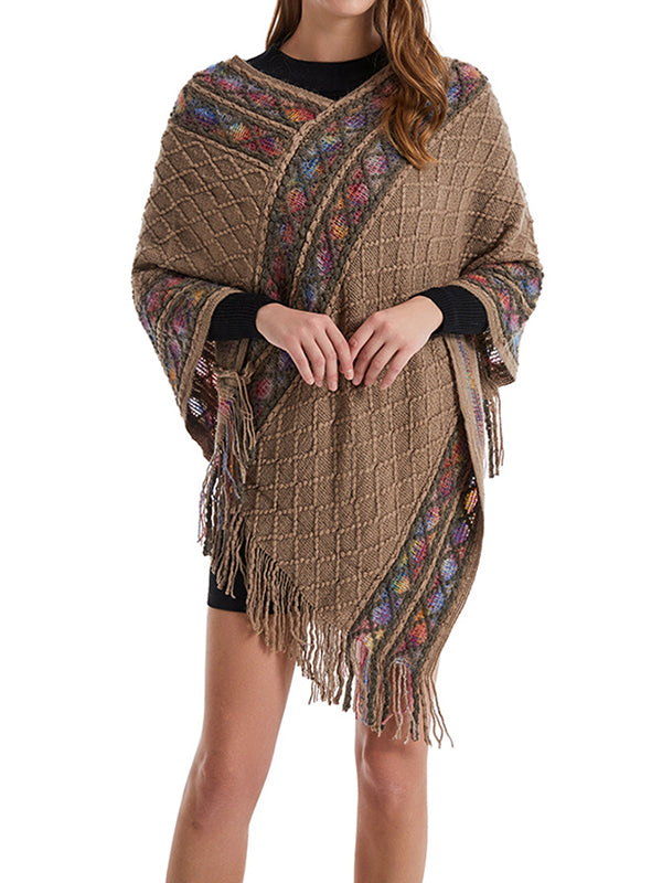 xakxx Loose Asymmetric Tasseled V-Neck Cape Shawl&Cloak