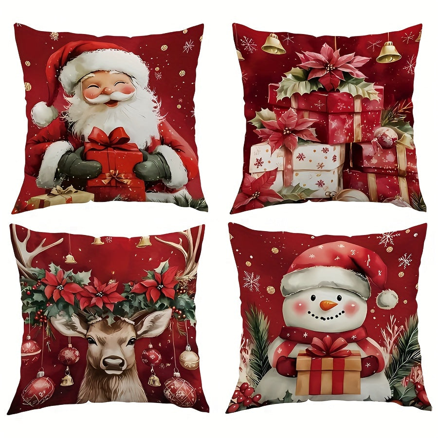 4-Pack Velvet Printed Christmas Pillow Covers with Santa & Snowman Designs, Machine Washable, Zipper Closure, Polyester Fabric, Contemporary Style for Home Sofa, Bedroom, Living Room Decor