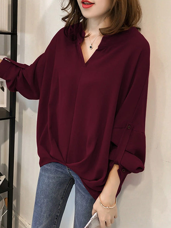 xakxx Casual Long Sleeves Loose Solid Color V-Neck Blouses&Shirts Tops