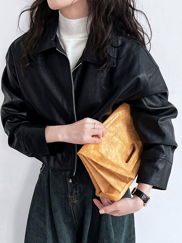 xakxx Long Sleeves Loose Solid Color Zipper Lapel Collar Jackets&Coats Outerwear