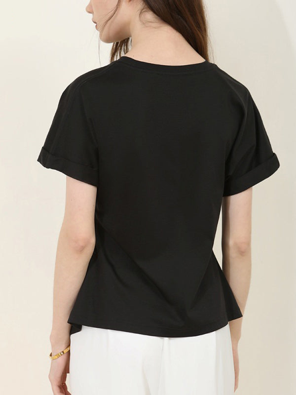 xakxx Batwing Sleeves Loose Pleated Solid Color Split-Front Split-Joint Round-Neck T-Shirts