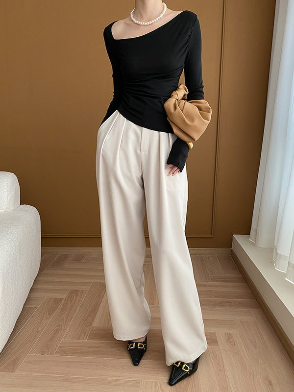xakxx Long Sleeves Skinny Solid Color Asymmetric Collar T-Shirts Tops