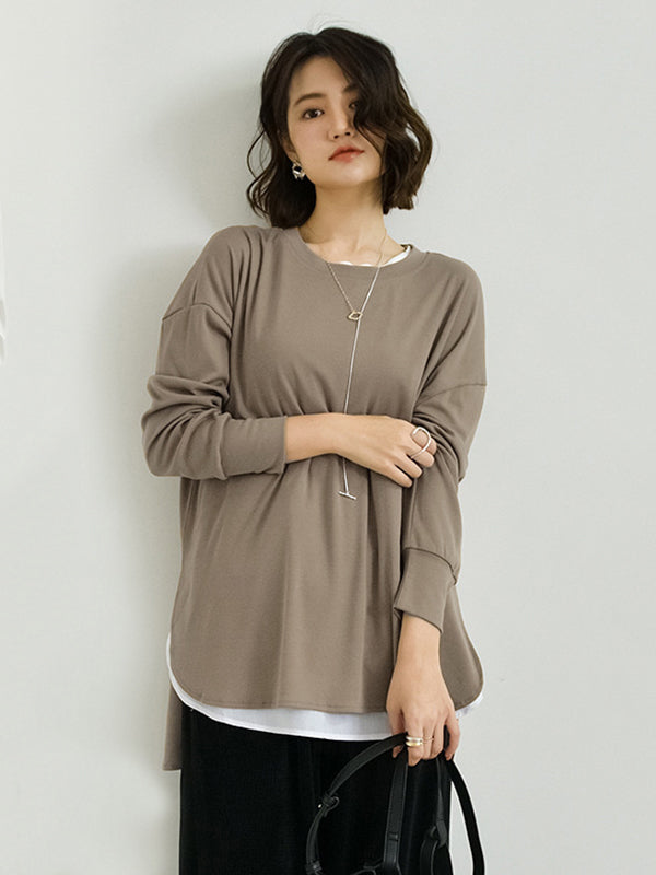 xakxx Simple Long Sleeves Loose Split-Side Solid Color Round-Neck T-Shirts Tops