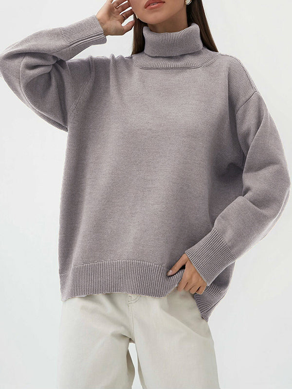 xakxx Long Sleeves Loose Solid Color High Neck Knitwear Pullovers Sweater Tops