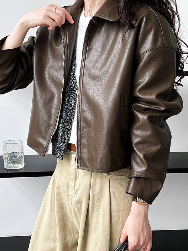 xakxx Long Sleeves Loose Solid Color Zipper Lapel Collar Jackets&Coats Outerwear