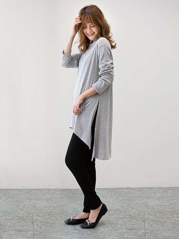 xakxx Casual High-Low Long Sleeves Solid Color Round-Neck T-Shirts Tops