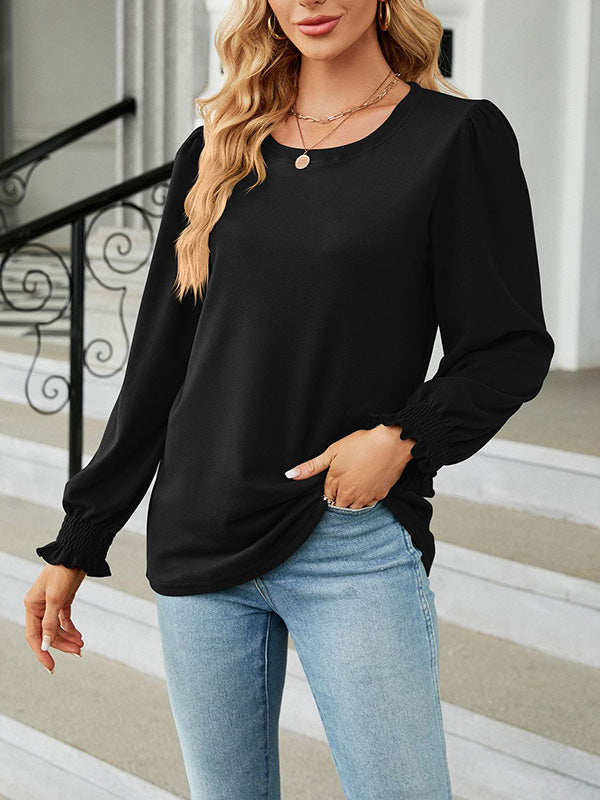 xakxx Long Sleeves Loose Elasticity Solid Color Round-Neck T-Shirts Tops