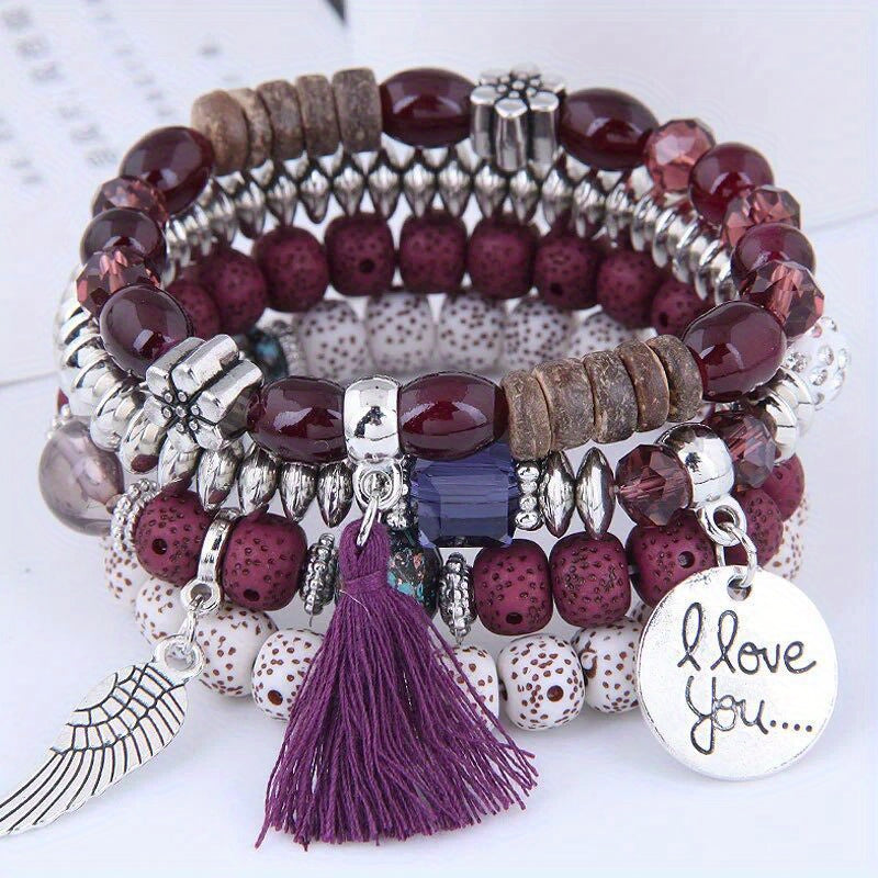 4pcs/Set Enchanting Love Wings Tassel Bracelet Ensemble - Lustrous Volcano Stone Beads & Multicolored Strands - Bohemian Chic Retro Style - Perfect Holiday Gift