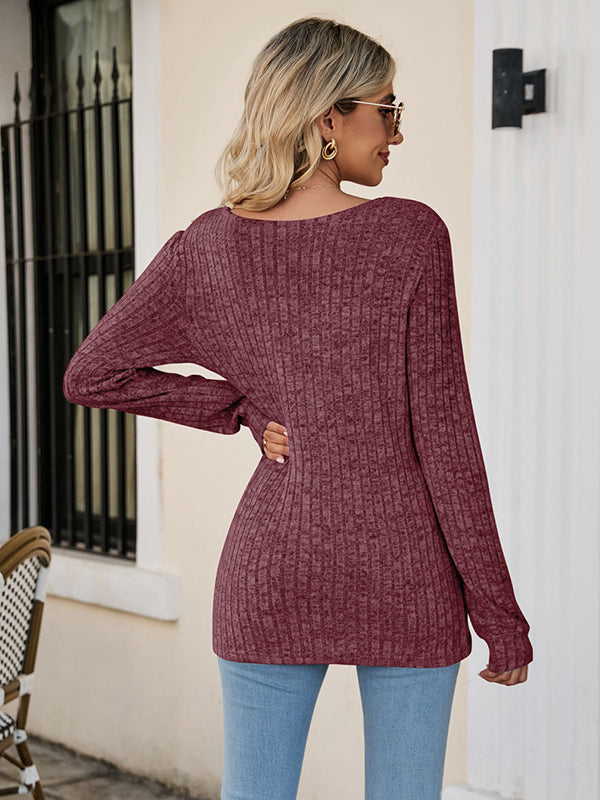xakxx Casual Long Sleeves Skinny Solid Color Square-Neck Sweater Tops