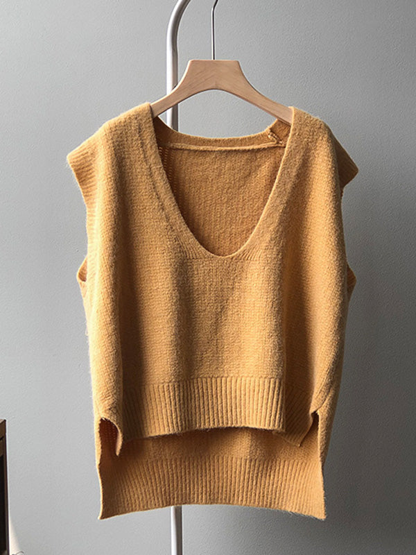 xakxx Knitting Irregularity Solid V-Neck Vest