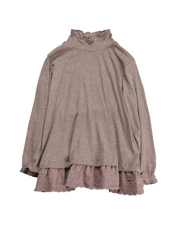 xakxx Original Creation Long Sleeves Loose Ruffled Solid Color Stand Collar T-Shirts Tops