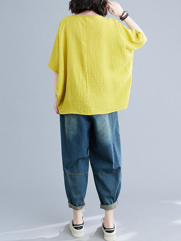 xakxx Batwing Sleeves Loose Solid Color Split-Joint Round-Neck T-Shirts Tops