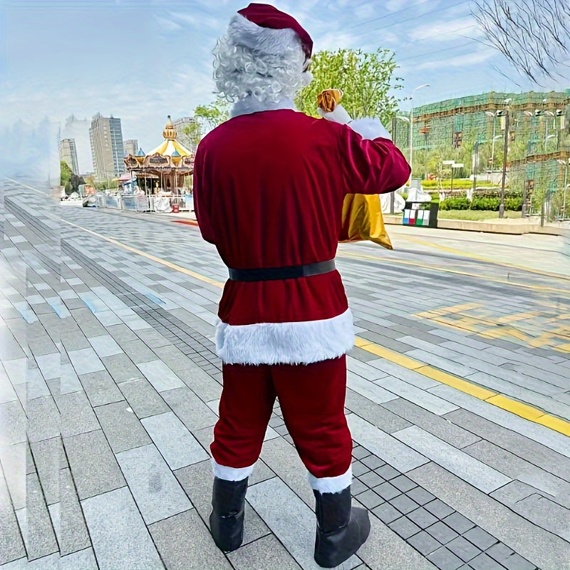 Luxurious Velvet Santa Claus Costume Set for Adults, 11pcs Christmas Outfit with Wig, Gloves, and Belt - Red Polyester, Best for Christmas