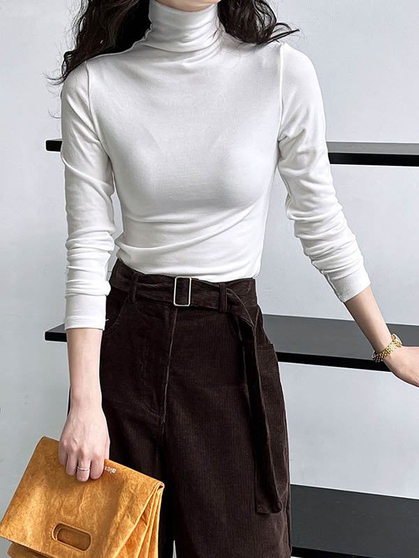 xakxx Long Sleeves Skinny Solid Color Split-Joint High Neck T-Shirts
