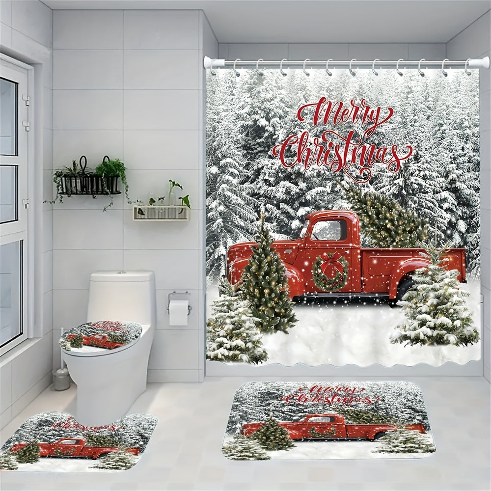 Festive Winter Red Truck Bathroom Decor Set - Waterproof Shower Curtain, Non-Slip Bath Mat, Toilet Seat Cover, Bathroom Rug, 12 Plastic Hooks, and More - Perfect for Cozy Home Decor and Winter Holiday Theme