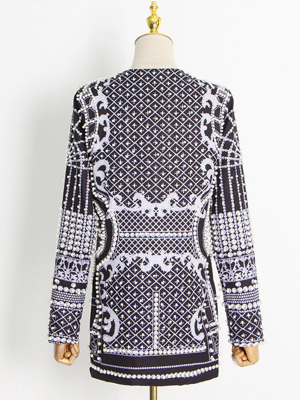 xakxx Original Creation Loose Long Sleeves Beads Printed V-Neck Blazer Outerwear