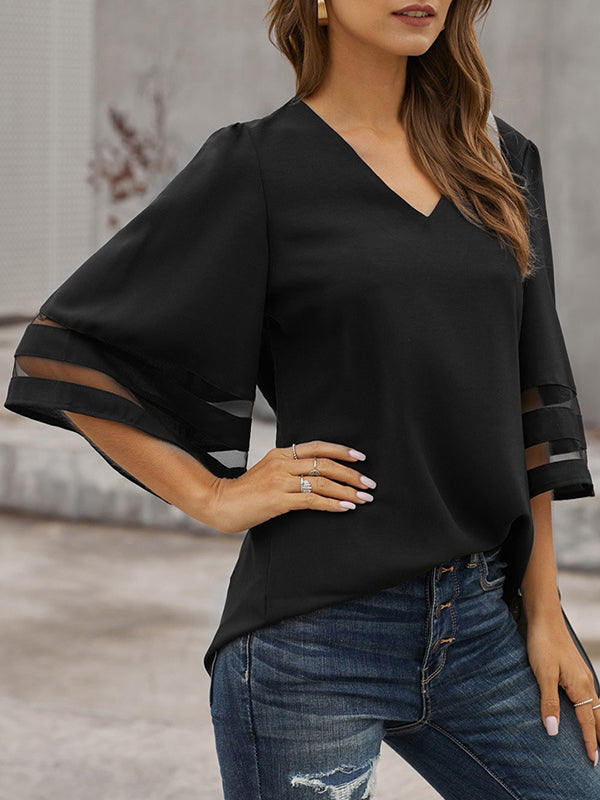 xakxx Loose Solid Color Split-Joint V-Neck T-Shirts Tops