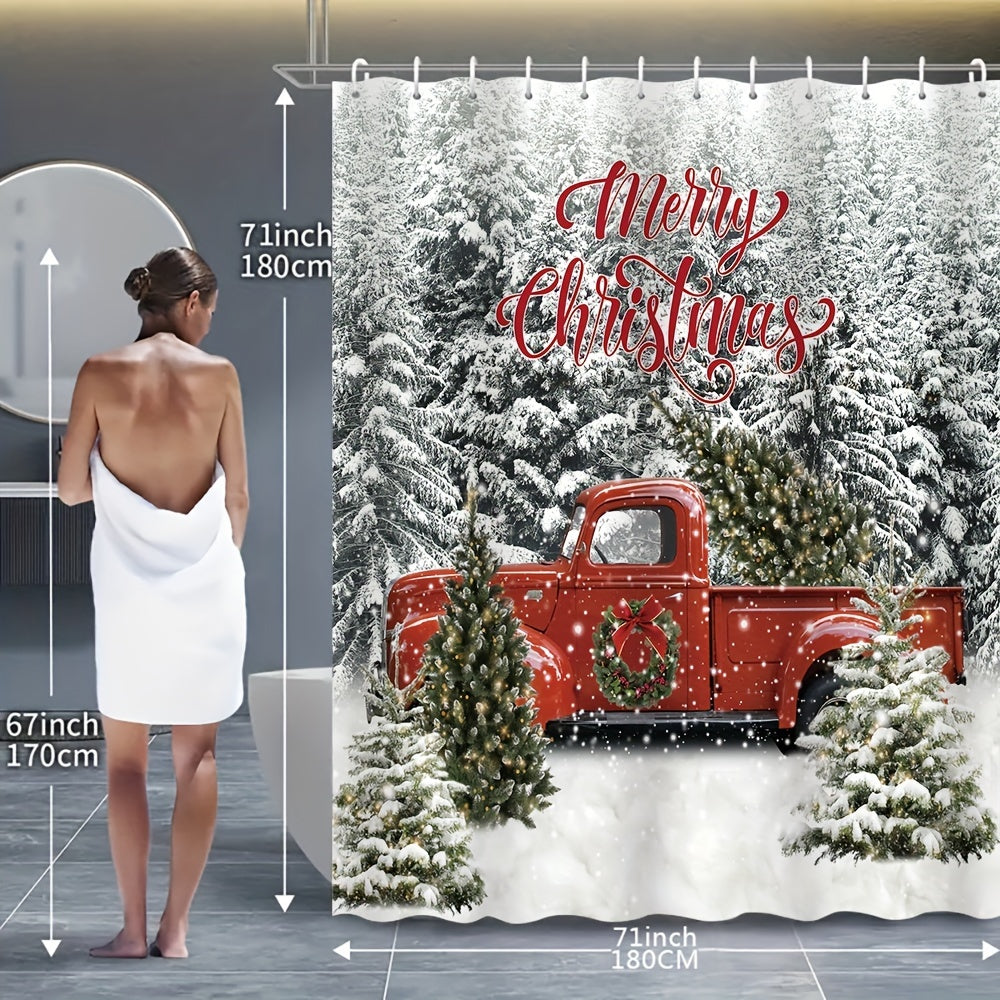 Festive Winter Red Truck Bathroom Decor Set - Waterproof Shower Curtain, Non-Slip Bath Mat, Toilet Seat Cover, Bathroom Rug, 12 Plastic Hooks, and More - Perfect for Cozy Home Decor and Winter Holiday Theme