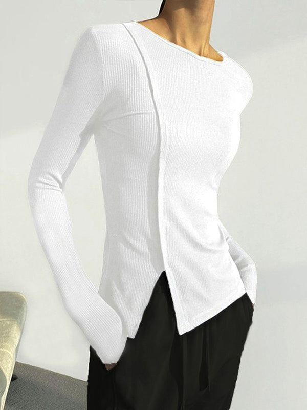 xakxx Skinny Solid Color Split-Joint Split-side Round-neck T-shirts
