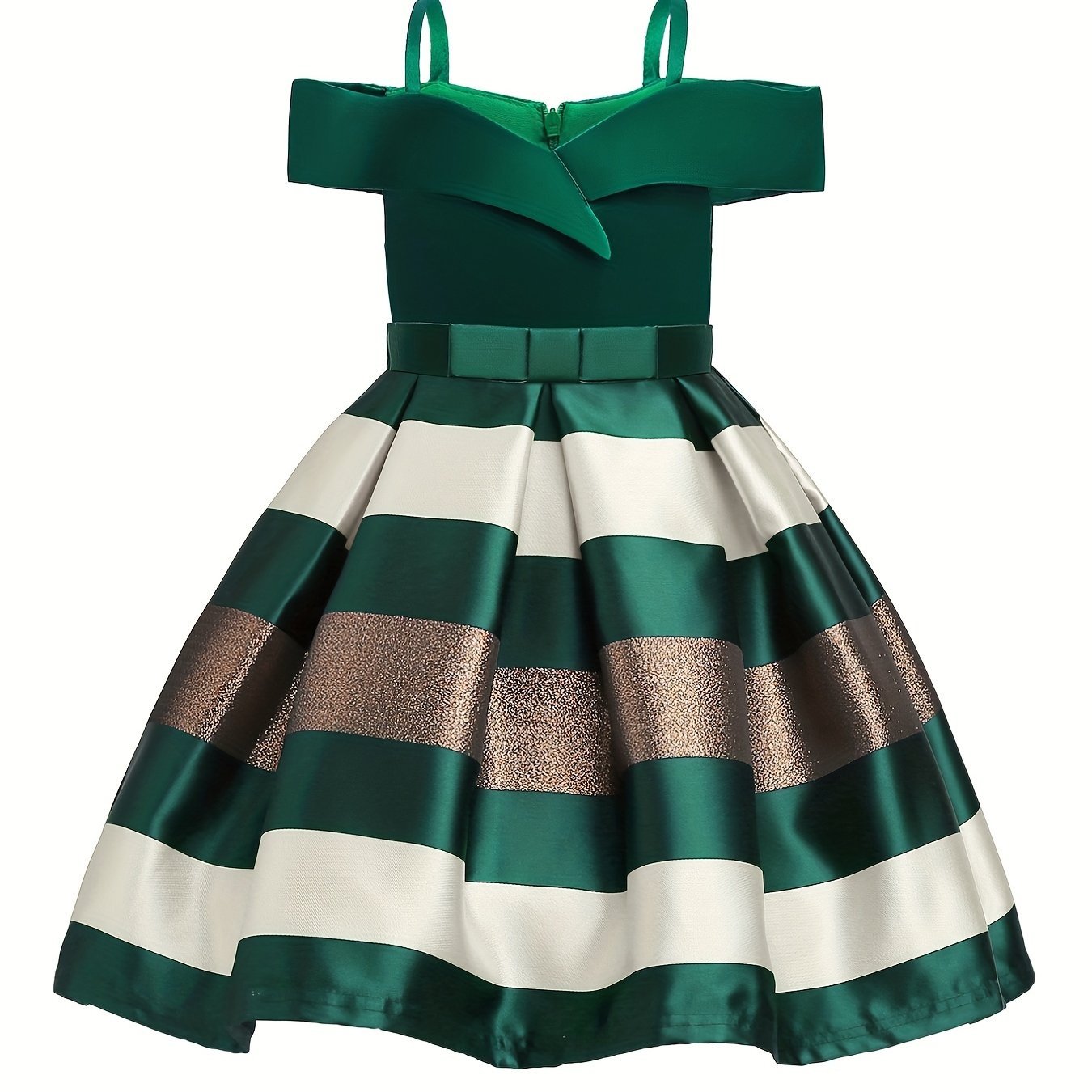 Knee-High Off-the-Shoulder Color Block Pleated Princess Dress for Girls - Sleeveless, Flared Hem, Cotton Lined, Non-Stretch Polyester Fabric, Hand Wash Only - Perfect for Piano Performance, Wedding, Birthday Party, and Evening Occasions