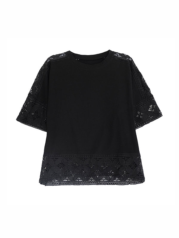 xakxx Half Sleeves Loose Hollow Solid Color Split-Joint Round-Neck T-Shirts Tops