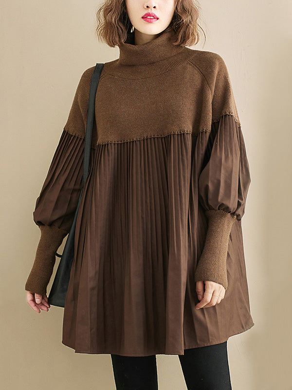 xakxx Knitting Pleats Split-Joint High-Neck Pullover Top
