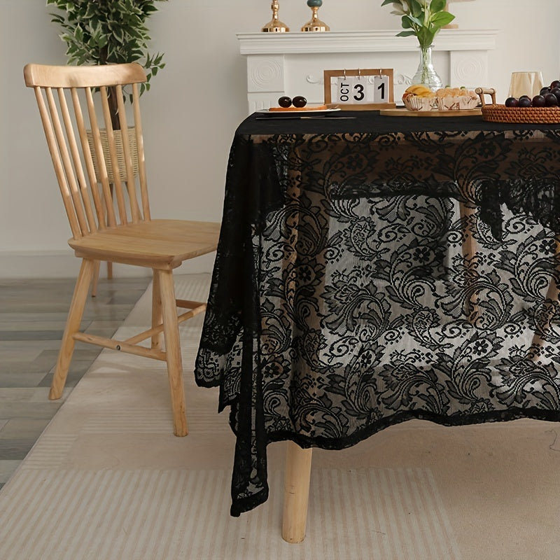 1pc Exquisite Black Phoenix Tail Flower Rectangle Lace Tablecloth - Elegant Sheer Decor for Rustic Vintage, Wedding, Thanksgiving, Baby Shower - Durable, Easy Care, and Versatile for Any Occasion