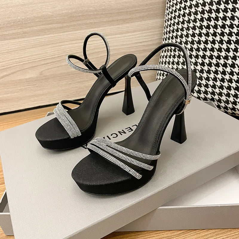 Temperament Round Head High Heel Sandals Waterproof Platform with Fine Heel Water Diamond Ribbon Summer New Casual Daily Versatile 01