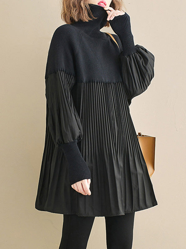 xakxx Knitting Pleats Split-Joint High-Neck Pullover Top