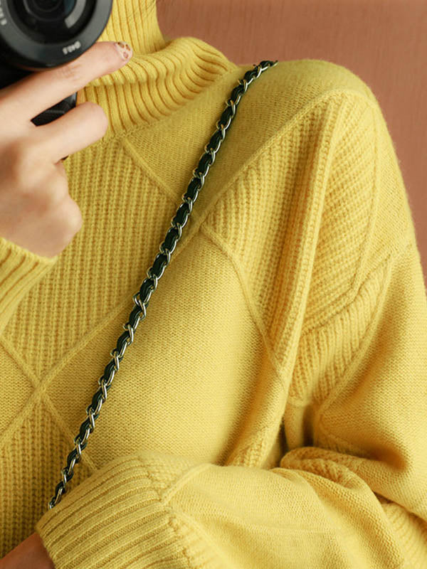 xakxx Casual Loose Solid Color Striped High-Neck Long Sleeves Sweater Tops