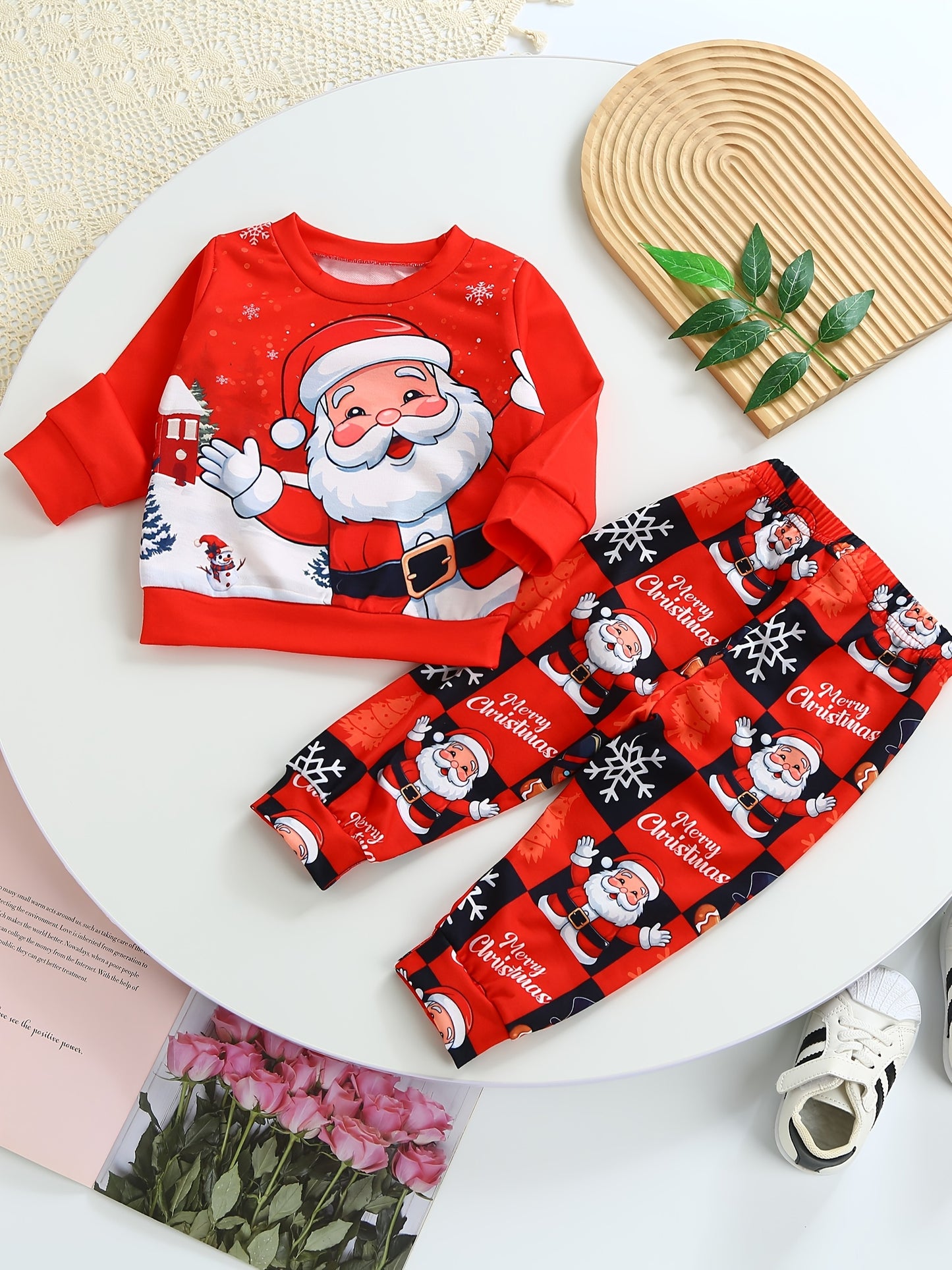 Christmas Baby Boys 2pcs Cute Round Neck Sweatshirt Pants New Casual Set With Carton Santa Claus Print Outdoor Clothes