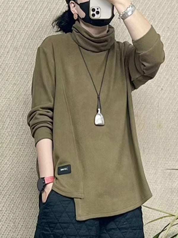 xakxx Long Sleeves Loose Asymmetric Solid Color High Neck T-Shirts Tops