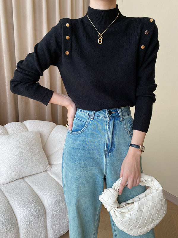 xakxx Long Sleeves Buttoned Split-Joint High-Neck Sweater Tops