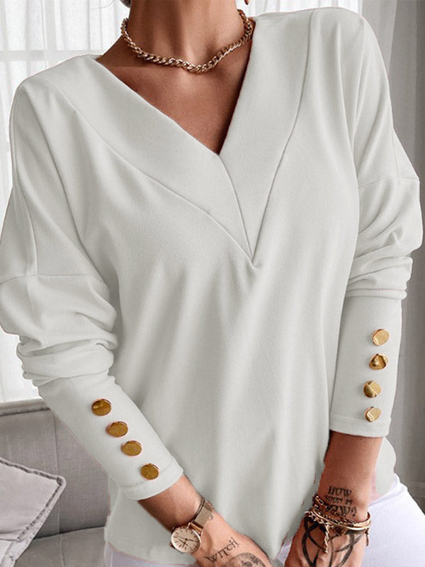 xakxx Long Sleeves Loose Buttoned V-Neck T-Shirts Tops