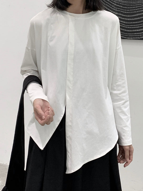 xakxx Long Sleeves Loose Asymmetric Solid Color Split-Front Split-Joint Round-Neck T-Shirts