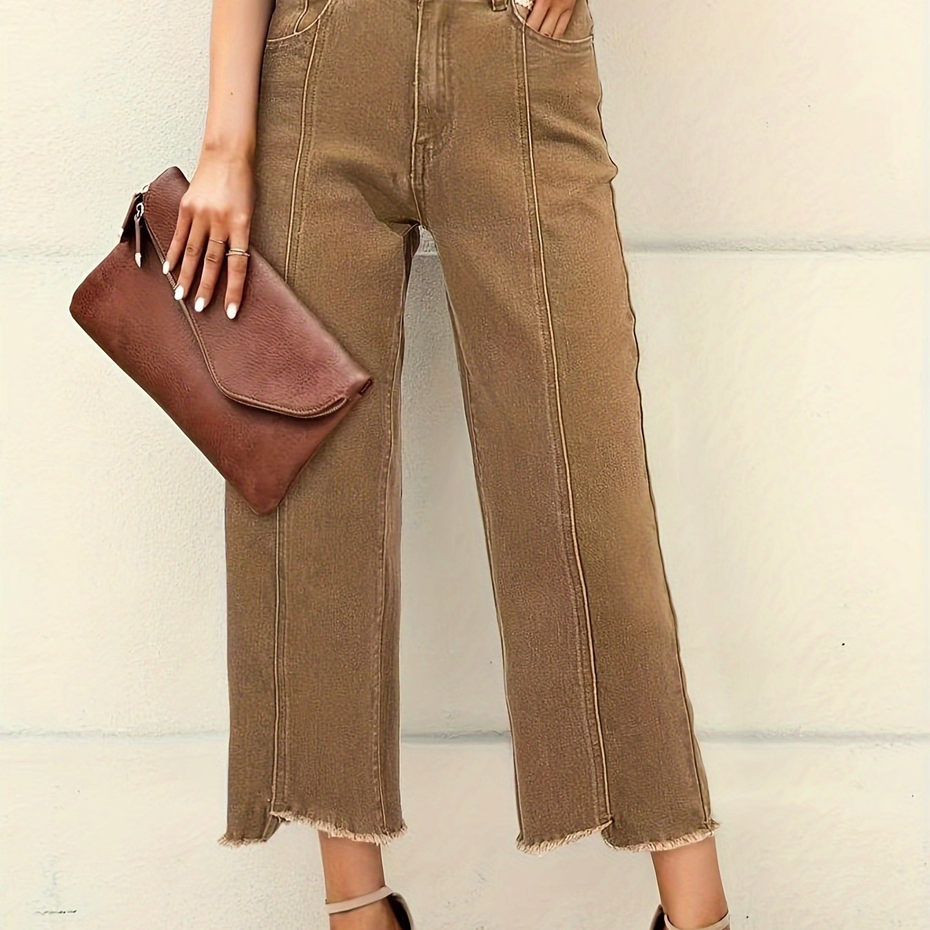 Womens Wide Leg Cropped Denim Pants - Soft Cotton, Slight Stretch, Mid-Rise, Raw Hem, Versatile Solid Color, Side-Stripe Detail, Zip Fly with Button Closure, Perfect for Spring, Summer, and Fall Seasons