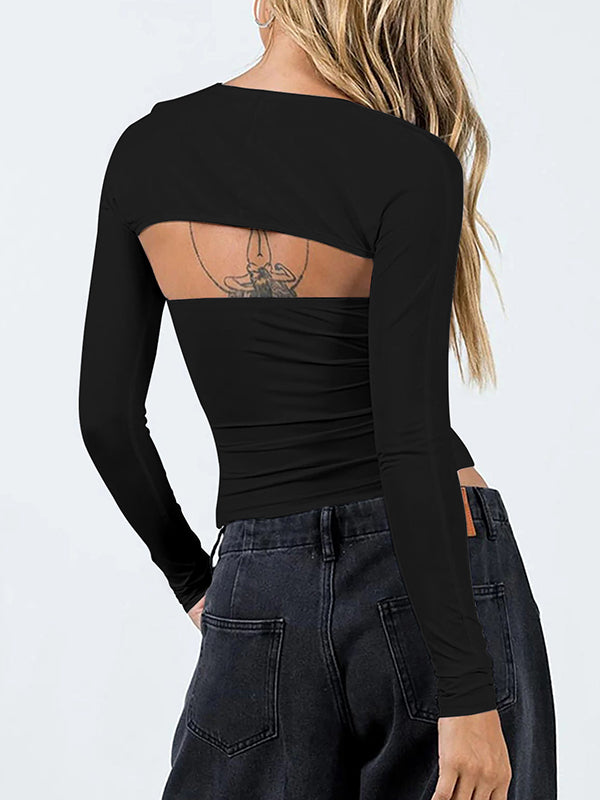 xakxx Long Sleeves Skinny Solid Color Collarless T-Shirts Tops