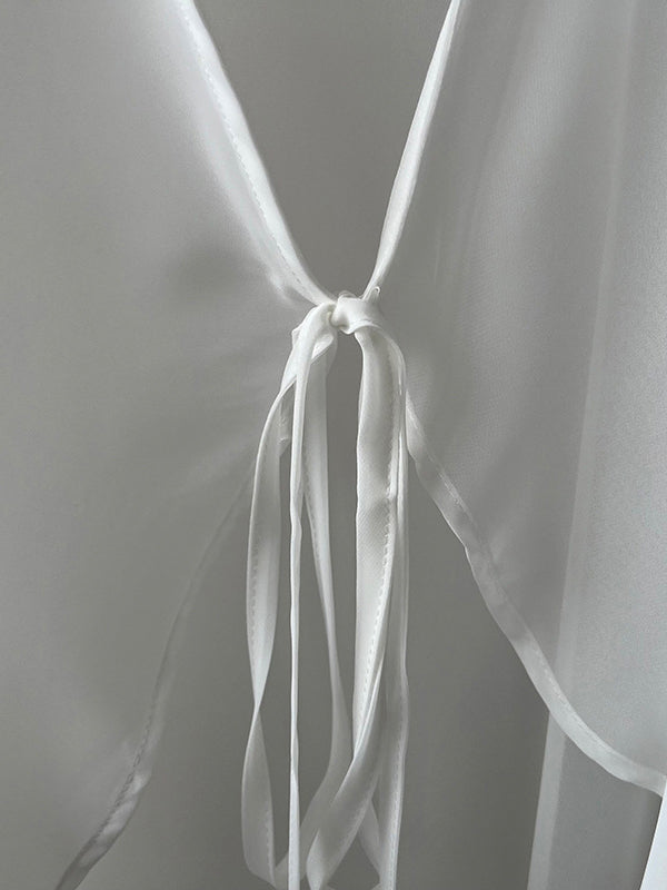 xakxx Bishop Sleeve Long Sleeves See-Through Split-Joint Tied Collarless Blouses&Shirts Tops