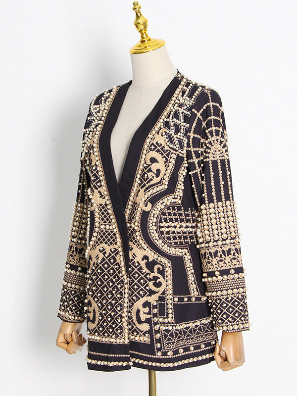 xakxx Original Creation Loose Long Sleeves Beads Printed V-Neck Blazer Outerwear