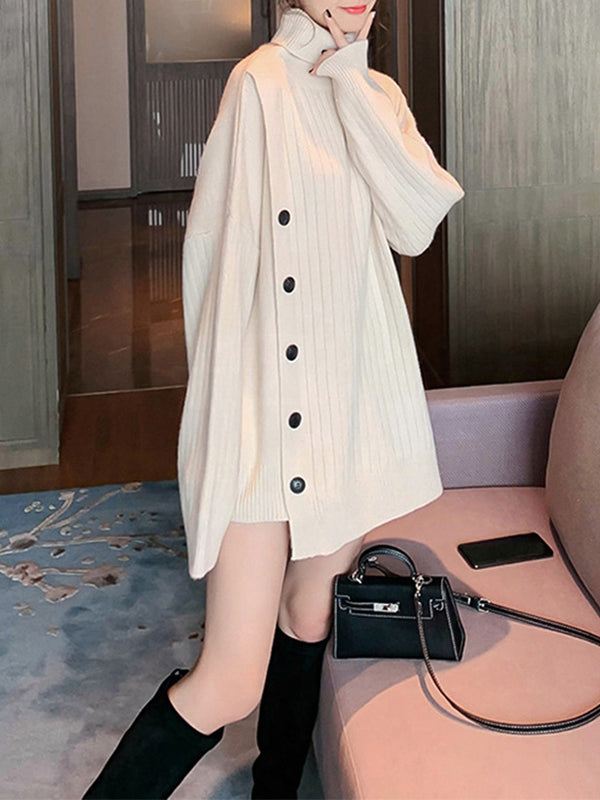 xakxx High-Low Long Sleeves Asymmetric Buttoned High-Neck Knitwear Pullovers Sweater Tops