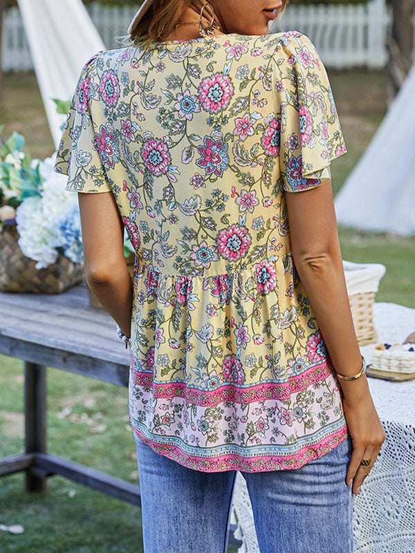 xakxx Loose Short Sleeves Buttoned Flower Print Split-Joint Tasseled Tied V-Neck T-Shirts Tops