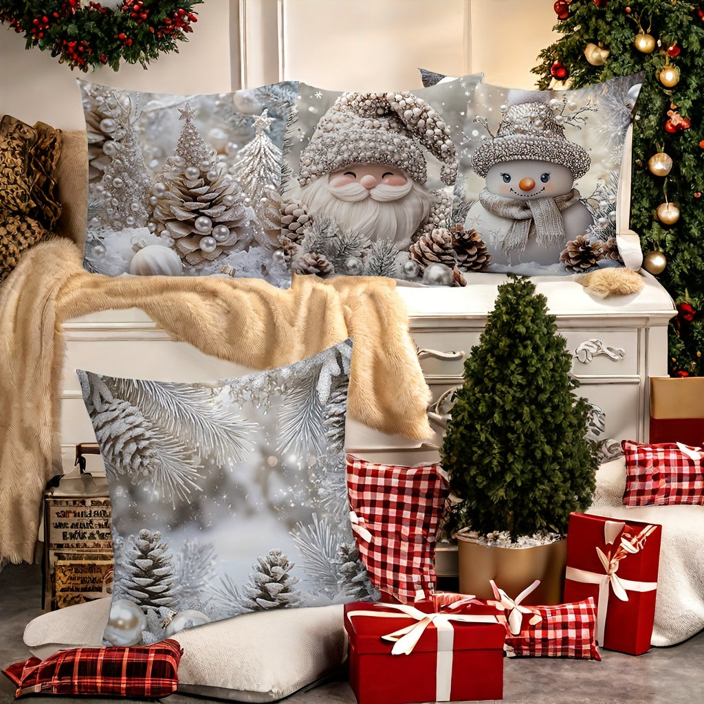 4-Piece Set of Contemporary Christmas Throw Pillow Covers, Hand Wash Only, Zipper Closure, 17.72" Woven Polyester Decorative Cushions with Santa, Snowman, Pine Cone Print for Living Room, Office, Sofa