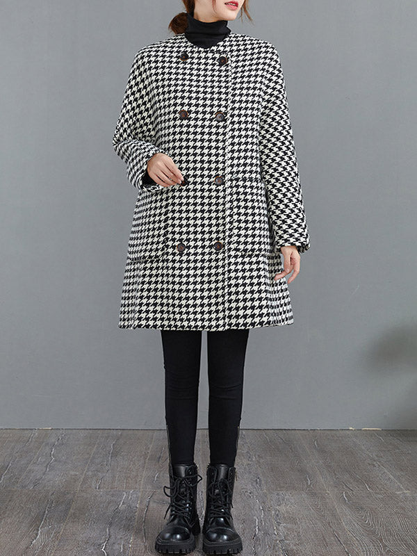 xakxx Loose Houndstooth Buttoned Round-Neck Long Sleeves Woolen Coat