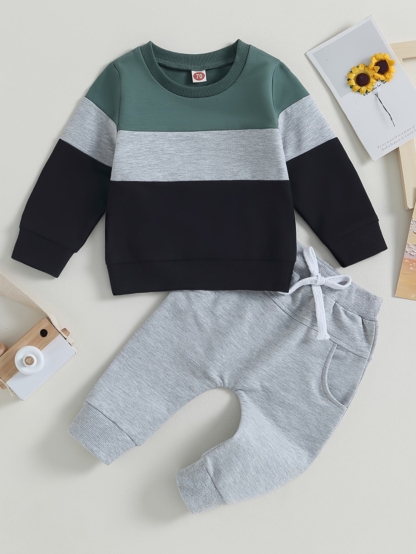 Baby Boys Spring 2 Piece Outfits Contrast Color Long Sleeve Sweatshirt and Elastic Pants for Toddler Fall Clothes