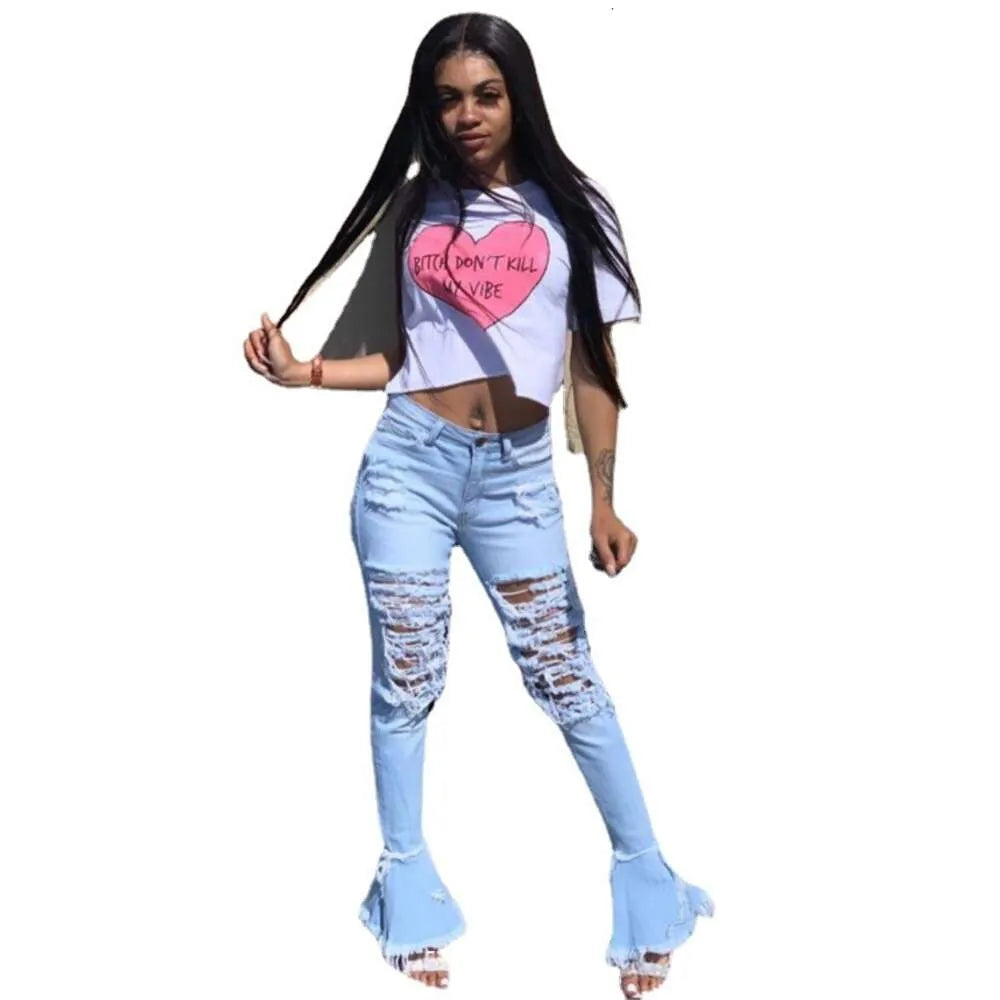 Women's Fashion Tassel Distressed Denim Ruffled Edge Long Pants New Women's