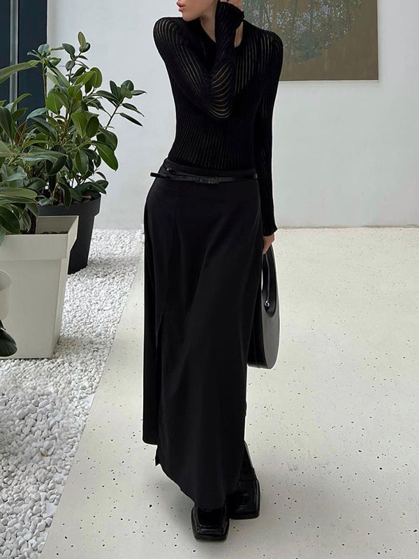 xakxx Long Sleeves Skinny See-Through Split-Joint Round-Neck T-Shirts