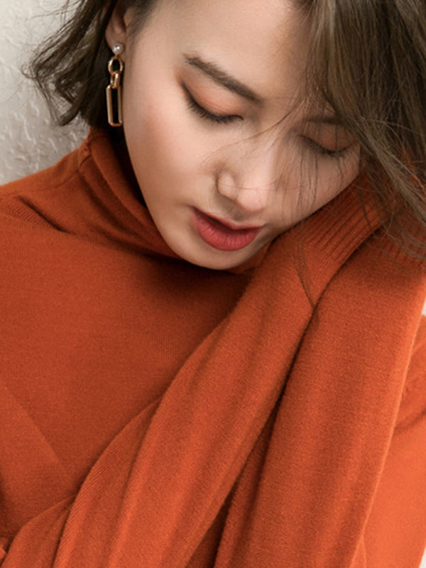 xakxx Simple Loose Long Sleeves Solid Color High-Neck Sweater Tops