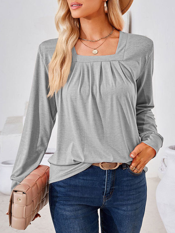 xakxx Long Sleeves Loose Pleated Solid Color Square-Neck T-Shirts Tops