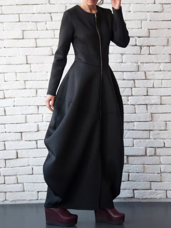 xakxx Split-Joint Zipper Round-Neck Maxi Dress Coat Bubble Dress