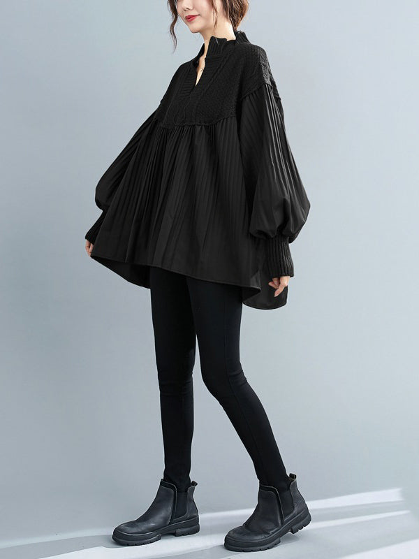 xakxx Stylish Knitting Split-Joint Puff Sleeve Shirt Pullover Top